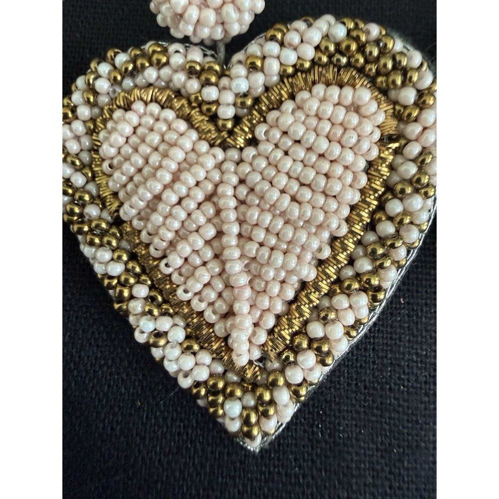 Antique Handcrafted Beaded Heart Dangle Earrings Pink Gold White Fabric Post - Picture 5 of 5